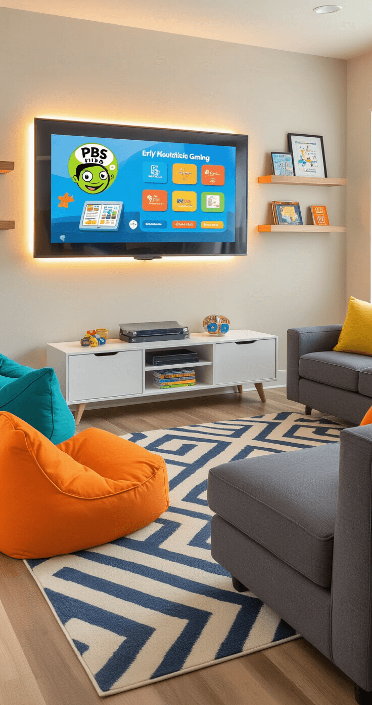 Games for Kids: The Complete Guide to Fun, Learning, and Endless Entertainment Modern family room featuring a large charcoal gray sectional sofa, wall-mounted 65-inch display with PBS KIDS interface, sleek white entertainment console, vibrant throw pillows, children's ergonomic bean bag chairs, neutral beige walls with floating shelves, warm LED backlighting, and hardwood floors with a geometric area rug.