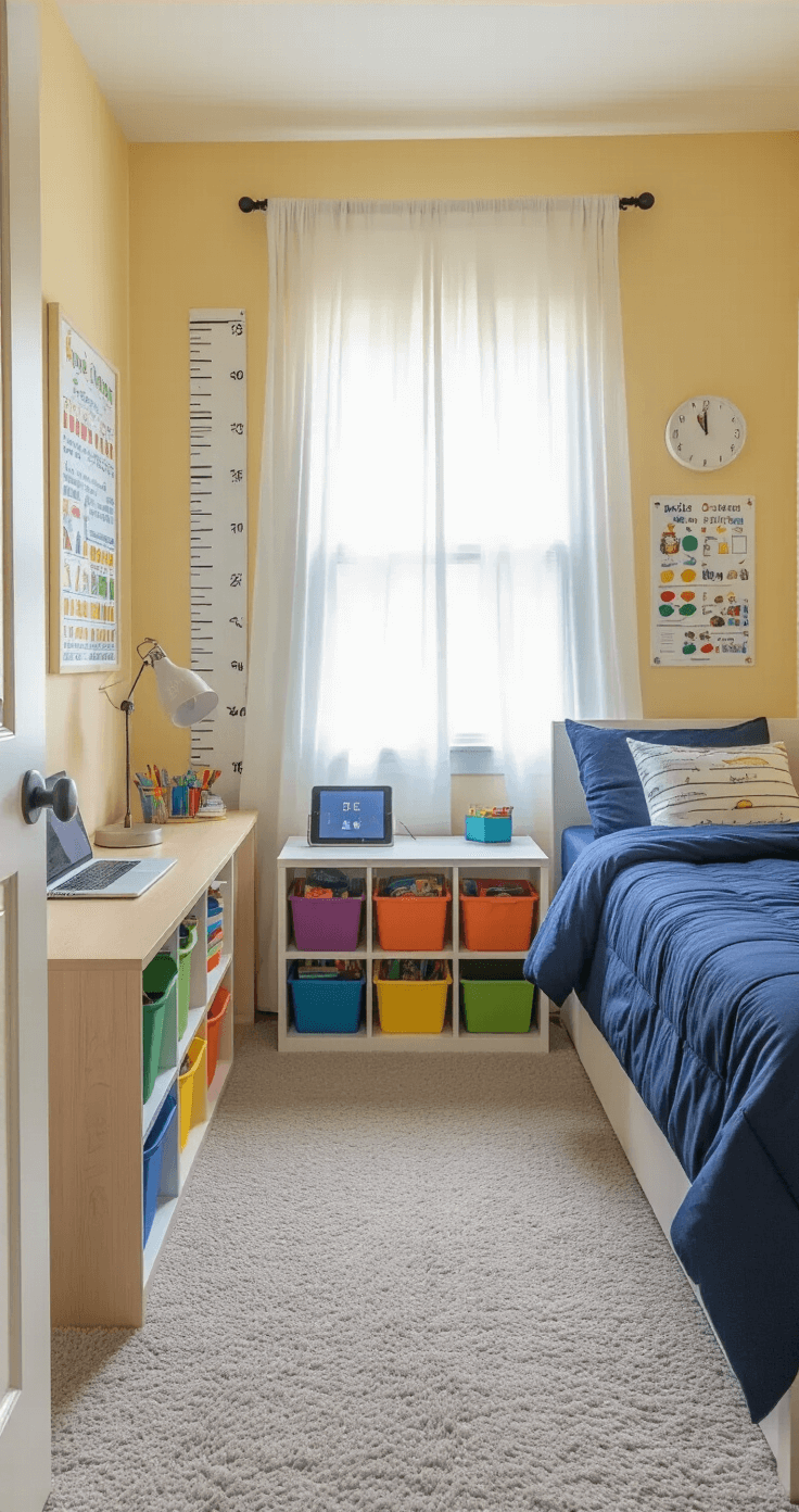 Games for Kids: The Complete Guide to Fun, Learning, and Endless Entertainment A cozy child's bedroom transformed into a mobile learning space, featuring a twin bed with a navy blue comforter, pale yellow walls adorned with educational posters, a low white bookshelf as a tablet station, colorful storage bins, and a pine writing desk, all bathed in soft morning light.