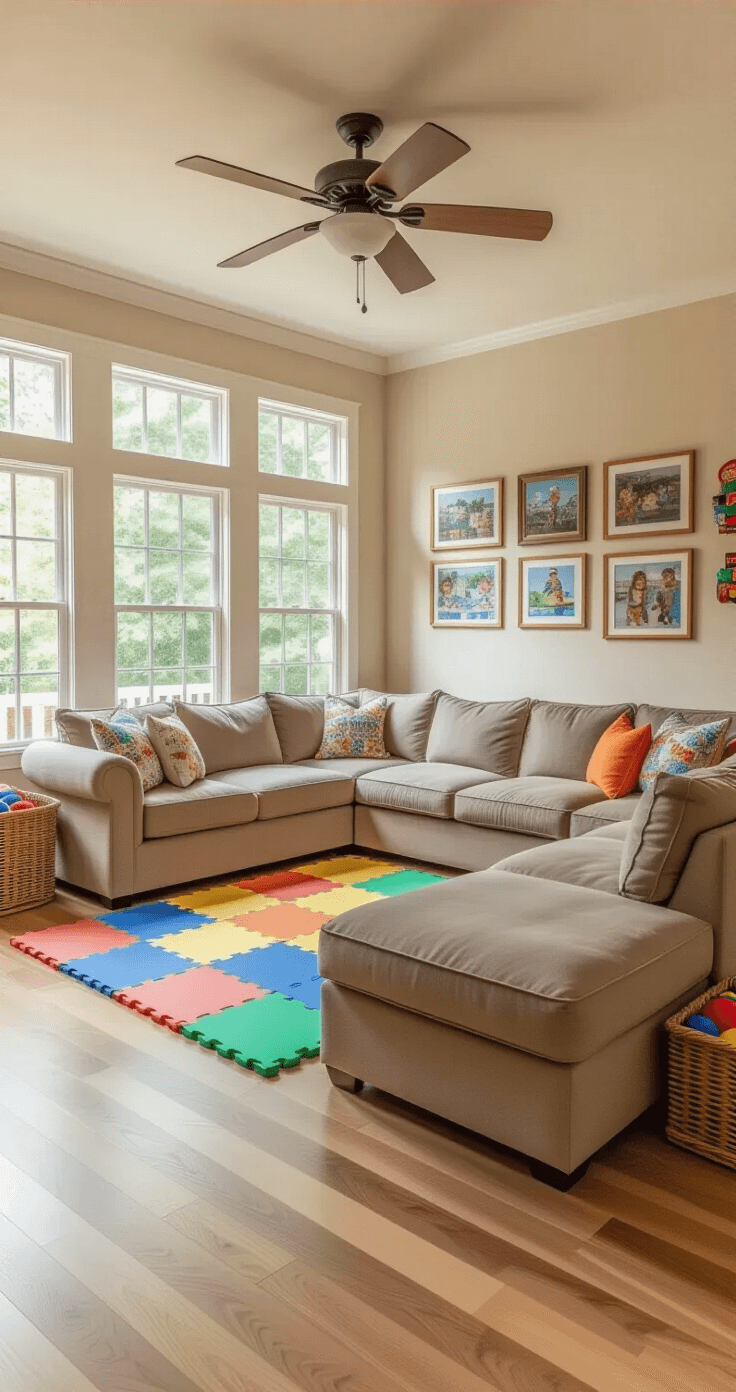 Games for Kids: The Complete Guide to Fun, Learning, and Endless Entertainment A spacious living room with light oak hardwood floors, configured for physical games, featuring warm ivory walls adorned with family photos and children's artwork. The room has a large open play area, a soft taupe sectional for seating, colorful foam floor tiles for a 'Floor is Lava' game setup, and wicker baskets filled with jump ropes and balls. Tall windows let in natural light, and a ceiling fan provides air circulation. The low camera angle highlights the expansive play space, emphasizing movement and activity potential.