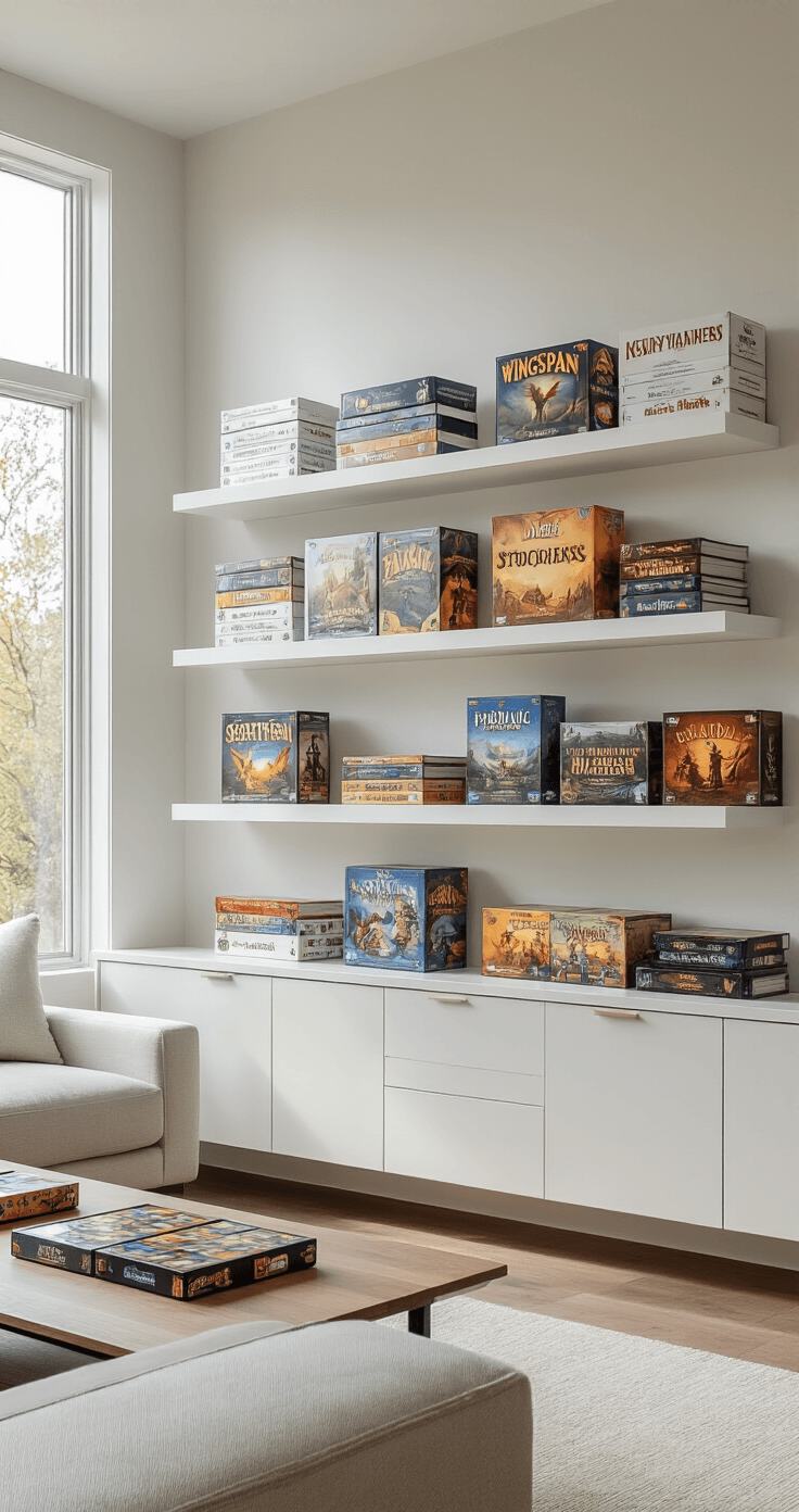 Photorealistic image of a modern living room with floating wall shelves showcasing an organized board game collection, illuminated by mid-morning natural light. The shelves display white and light-colored game boxes on top, vibrant strategy games at eye level, and darker boxes below. The room features contemporary furniture in neutrals, emphasizing the harmonious arrangement of games like Wingspan and Pandemic.