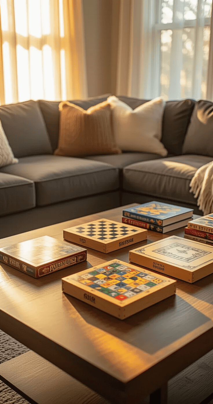 Cinematic wide shot of a stylish living room coffee table featuring three board games—quick party game, elegant strategy game, and classic Scrabble—centered under warm golden hour light filtering through sheer curtains, with a plush gray sectional sofa and textured throw pillows, creating an inviting and cozy atmosphere for gathering and play.