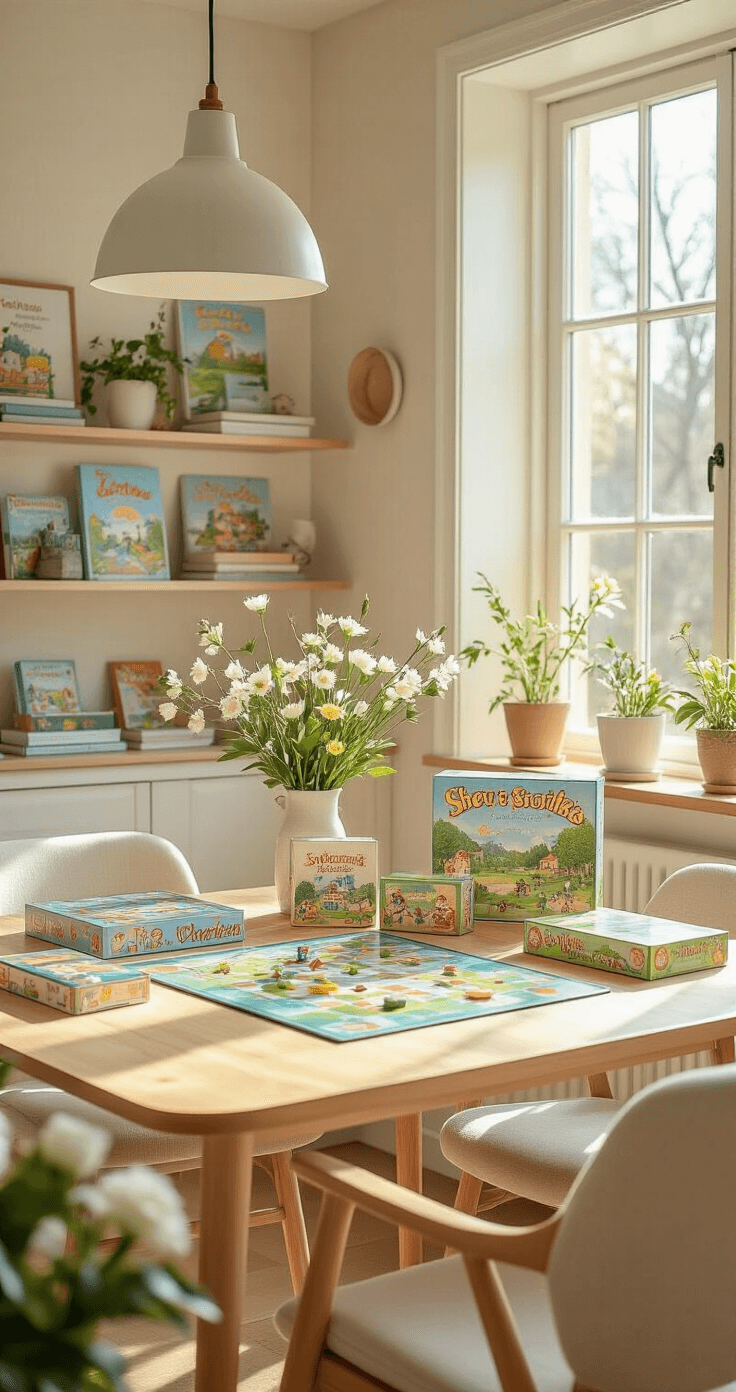 Atmospheric wide shot of a spring-themed board game display with vibrant packaging, bright sunlight filtering through open windows, fresh flowers, and light textiles in a pastel-toned room featuring a light oak dining table and upholstered chairs, showcasing a cheerful and inviting atmosphere.