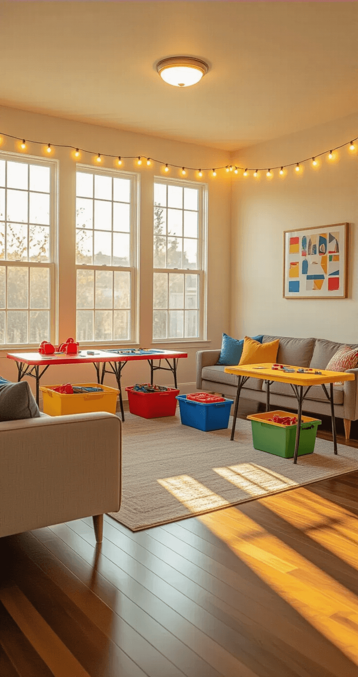 Transform Your Space Into the Ultimate Minute to Win It Game Arena Photorealistic image of a compact living room transformed into a vibrant game arena, featuring an 8x8 playing area with colorful props, warm LED lights, and a mid-century modern sofa, illuminated by natural and artificial lighting.