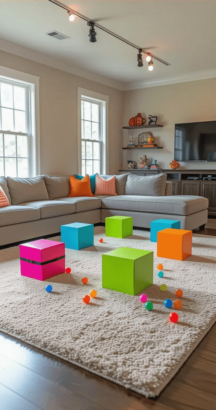 Transform Your Space Into the Ultimate Minute to Win It Game Arena Dynamic action shot of a Junk in the Trunk game in a spacious family room, featuring players wearing colorful tissue boxes and scattered ping pong balls, with bright lighting enhancing the energetic atmosphere.