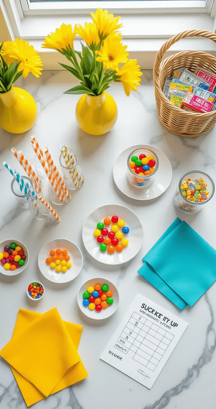 Transform Your Space Into the Ultimate Minute to Win It Game Arena Elegant flat lay of Suck It Up game materials on a marble kitchen island, featuring clear containers of drinking straws, colorful candies on ceramic plates, primary color napkins, fresh yellow flowers, bold score sheets, and a prize basket, all beautifully lit with natural light.