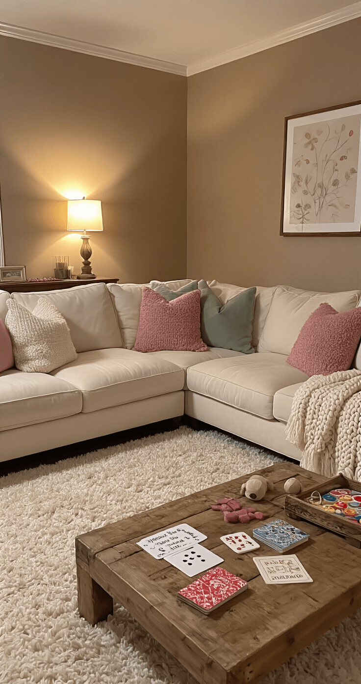 The Ultimate Guide to Sleepover Games That'll Make Your Night Unforgettable A cozy living room with a plush cream sectional sofa, warm taupe walls, and an ivory shag rug, featuring game supplies on a rustic wooden coffee table, softly lit by table lamps, with dusty rose and sage green throw pillows and chunky knit blankets, all captured from a low angle perspective.