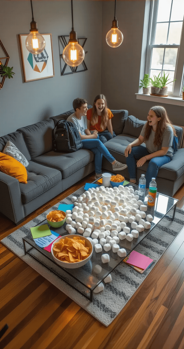 The Ultimate Guide to Sleepover Games That'll Make Your Night Unforgettable A vibrant game room filled with laughter, featuring polished hardwood floors and gray walls. A large charcoal sectional faces a cleared area with marshmallow challenge supplies on a glass coffee table, surrounded by colorful napkins. Edison pendant lights illuminate the scene, while teenagers' belongings, including backpacks and snacks, are casually scattered around. Modern geometric wall art and plants add decorative flair.