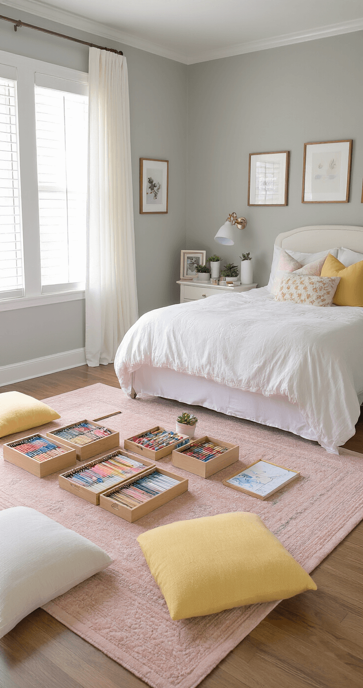 The Ultimate Guide to Sleepover Games That'll Make Your Night Unforgettable A serene master bedroom with dove gray walls and a king bed, featuring a plush pink rug and art supplies arranged on hardwood floors, illuminated by natural light and warm lamps, creating a cozy space for creativity and bonding.
