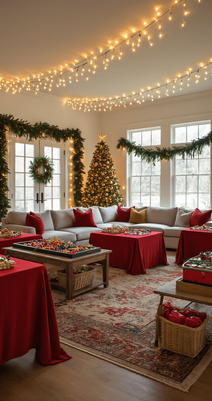 Christmas Games for Kids: Creating the Perfect Holiday Game Room That'll Have Them Squealing with Delight Photorealistic interior of a spacious living room decorated for Christmas, featuring golden string lights, deep red tablecloths, forest green garlands, a majestic Christmas tree, and a cozy atmosphere, all captured in soft afternoon light.