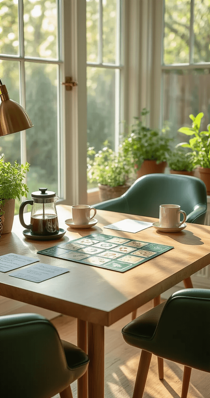 Close-up of a cozy game corner featuring a Codenames Duet board on a live-edge maple table, with forest green leather chairs, a steaming French press, and ceramic cups. Floor-to-ceiling windows showcase a garden view, while brass desk lamps provide lighting. Potted herbs and flowers enrich the serene atmosphere.
