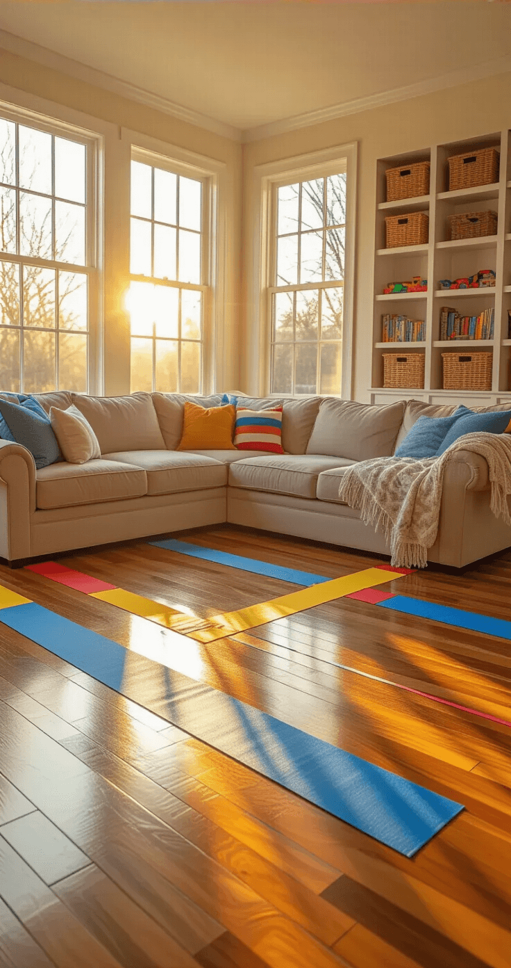 The Ultimate Guide to Indoor Games for Kids: 35+ Boredom-Busting Activities That Actually Work Wide-angle shot of a sunlit living room transformed into a vibrant play zone with colorful masking tape patterns on hardwood floors, a sectional sofa, arranged couch cushions as stepping stones, and foam pool noodles alongside organized toys in wicker baskets.