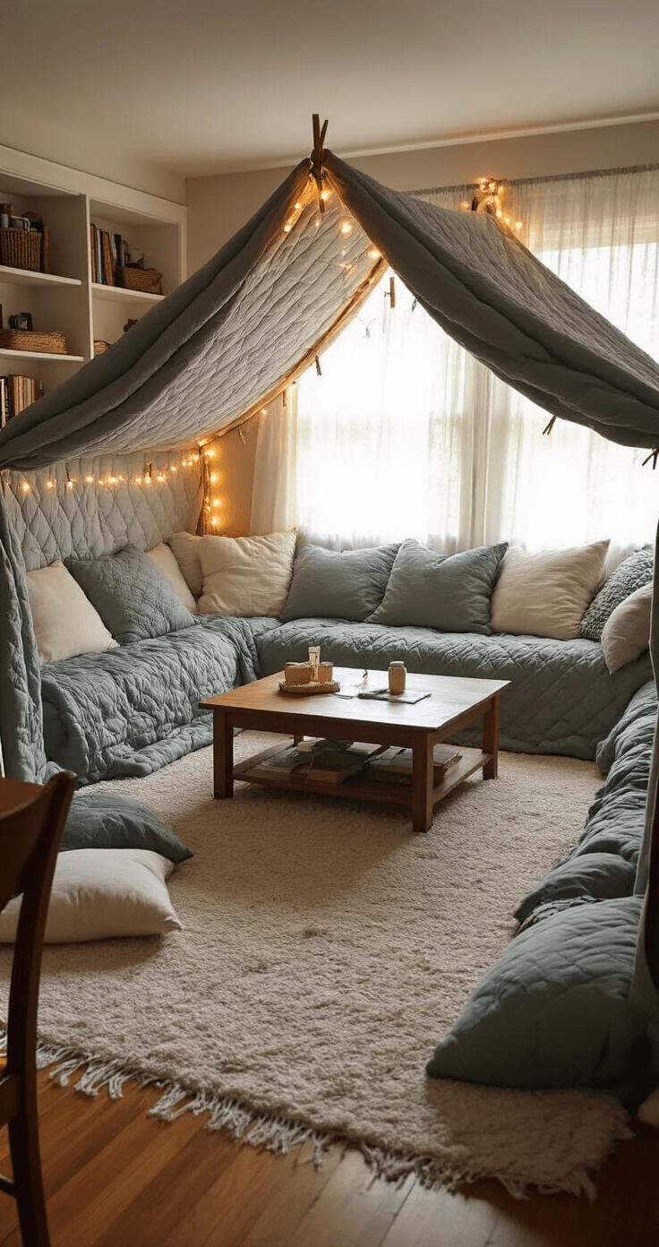 The Ultimate Guide to Indoor Games for Kids: 35+ Boredom-Busting Activities That Actually Work A cozy blanket fort in a family room, made from heavy quilts in muted grays and soft blues, secured with clothespins and binder clips. Warm LED string lights illuminate the interior filled with plush pillows on hardwood floors, while natural light filters through sheer curtains, creating a magical afternoon ambiance.