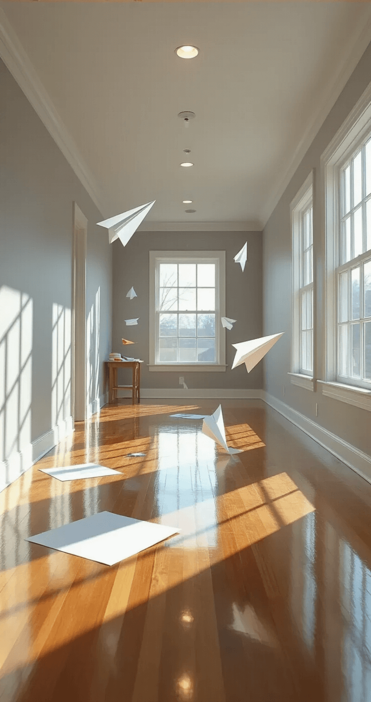 The Ultimate Guide to Indoor Games for Kids: 35+ Boredom-Busting Activities That Actually Work Dynamic low-angle view of a bright hallway transformed into an aerodynamics lab, featuring polished hardwood floors reflecting lights, suspended paper airplanes in flight, soft gray walls with colorful tape markers, a side table with assorted paper types, and large windows casting natural light and shadows.