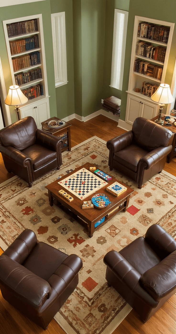 The Ultimate Guide to Indoor Games for Kids: 35+ Boredom-Busting Activities That Actually Work Bird's eye view of a family room with leather armchairs arranged in a circle around a plush geometric rug, featuring a coffee table with vintage board games and scattered game pieces, illuminated by soft table lamps against sage green walls and gleaming hardwood floors.