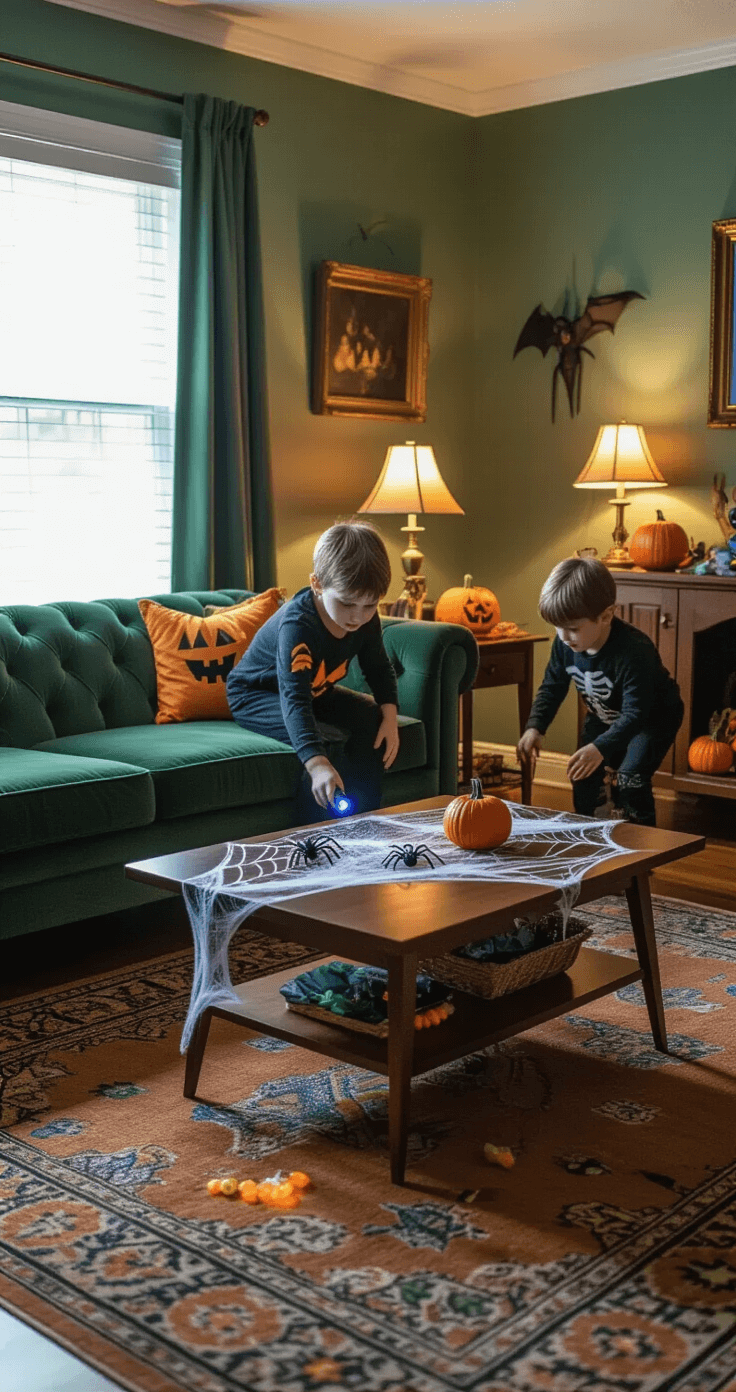 Cozy living room set up for a spooky scavenger hunt, featuring children in Halloween costumes searching with flashlights, mid-century modern furniture, green velvet sofa, Halloween decorations, and ambient lighting, all creating a mysterious adventure atmosphere.