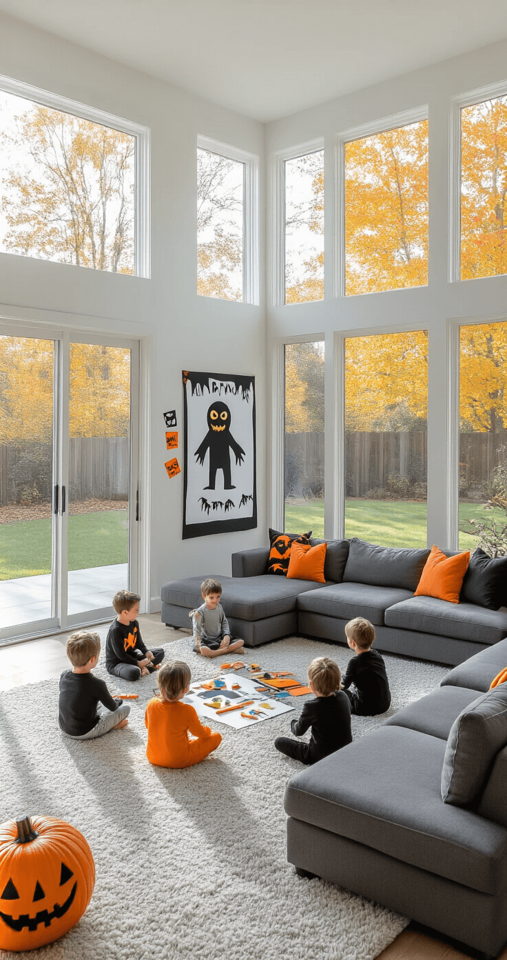 A bright contemporary family room filled with natural light, featuring children in Halloween costumes playing pin the tail on a monster poster. The space showcases a modern sectional sofa, crisp white walls with black and orange decorations, and a glass coffee table with party supplies. Visible autumn foliage is seen through expansive windows, creating a cheerful atmosphere.