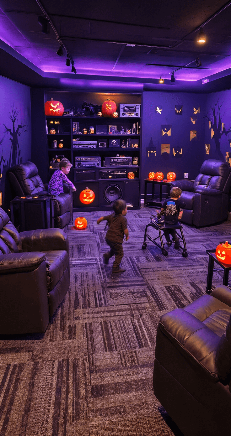 A cozy basement game room illuminated by warm mood lighting, featuring children frozen mid-movement in monster poses during musical chairs. Dark paneling with Halloween silhouettes adorns the walls, while modern recliners and festive decorations enhance the mysterious yet playful atmosphere.