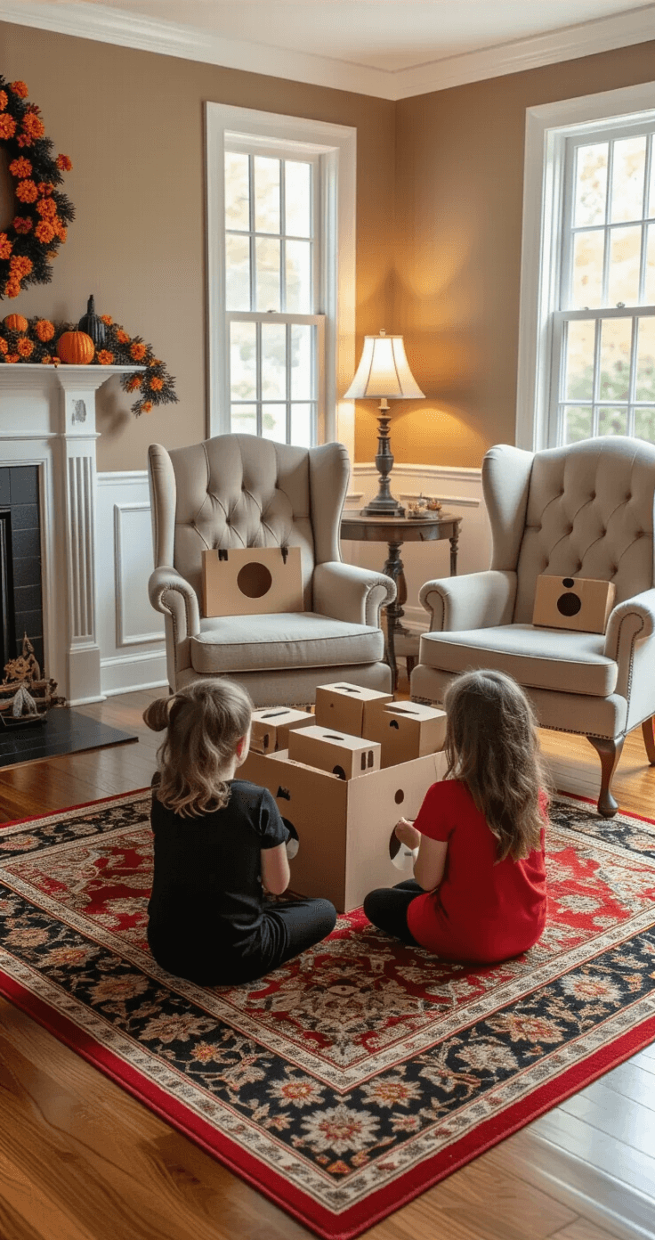A sophisticated living room transformed into a mystery box station, featuring elegant wingback chairs arranged in a semicircle around a coffee table adorned with decorated shoeboxes. Children in costumes, displaying expressions of curious anticipation, reach toward the boxes. The warm taupe walls are decorated with tasteful Halloween garland, and a Persian area rug in deep reds and golds complements the polished hardwood floors. Soft lighting from table lamps creates a cozy atmosphere, enhancing the suspenseful excitement of the scene.