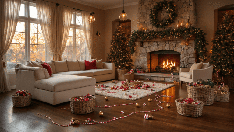 Christmas Eve Party Games That Actually Work (I've Tested Them All!) Cinematic wide-angle shot of a luxurious, festive living room for a Christmas Eve party, featuring warm amber lighting, elegant game stations, and cozy holiday decorations.
