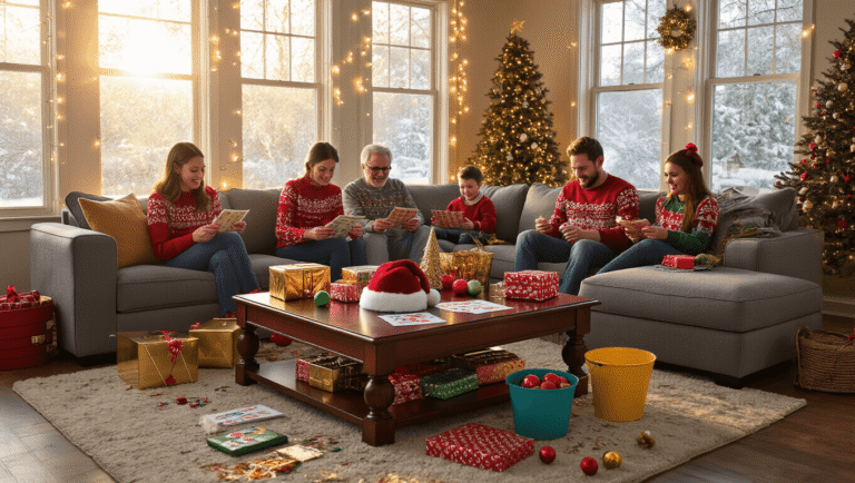 Christmas Games That Actually Work: From Epic Fails to Holiday Magic A festive living room filled with family activities, featuring a gray sectional sofa and a mahogany coffee table overflowing with game supplies, as joyful relatives in holiday sweaters engage in fun games under twinkling lights and a beautifully lit Christmas tree.