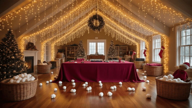 Christmas Games for Kids: Creating the Perfect Holiday Game Room That'll Have Them Squealing with Delight A spacious, festively decorated living room transformed into a Christmas game command center, featuring warm lighting, a majestic tree with gold ornaments, a red tablecloth with colorful bingo cards, and cozy accents like cotton snowballs and paper halos, all creating a magical holiday atmosphere.