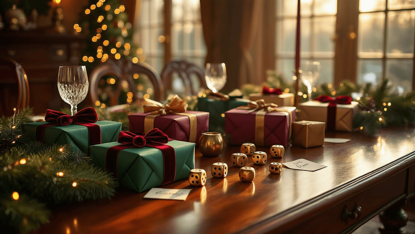 Elegant mahogany dining table adorned with beautifully wrapped gifts in emerald, burgundy, and gold, vintage brass dice, and handwritten gift tags, all set in warm golden hour lighting, creating a cozy holiday atmosphere with rich jewel-toned colors and soft bokeh background.