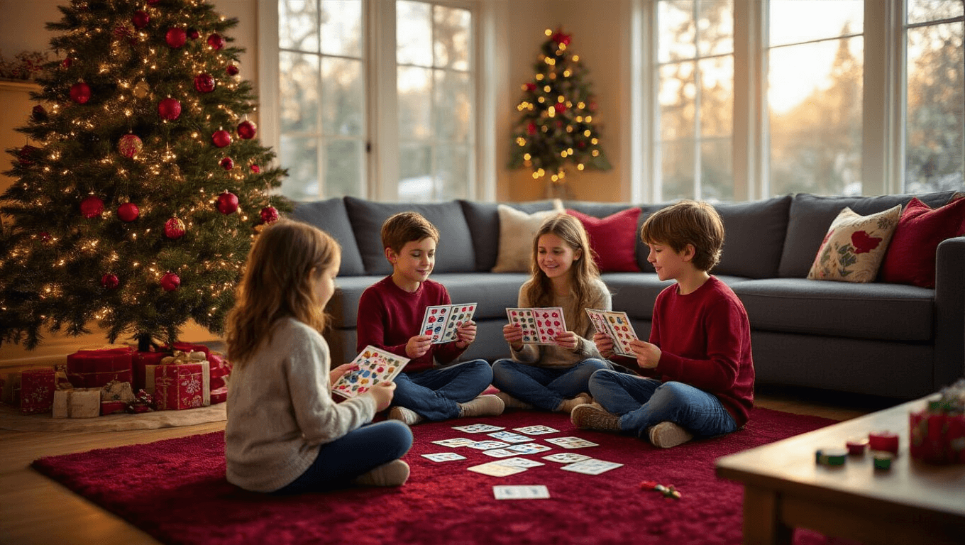 Children seated in a circle on a burgundy rug, joyfully playing Christmas bingo with colorful cards in a warmly lit living room featuring a decorated Christmas tree, cozy furniture, and festive decorations.