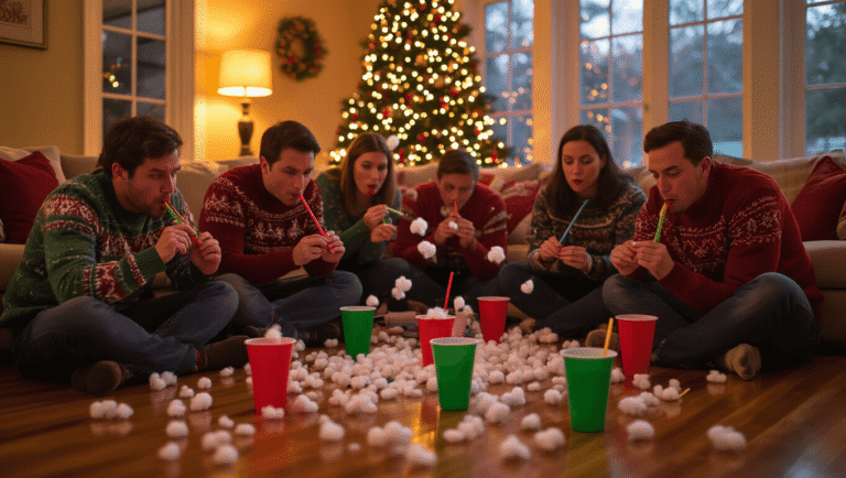 The Ultimate Guide to Christmas Party Games That'll Make Your Holiday Gathering Legendary A warmly lit living room filled with adults in holiday sweaters playing a game by blowing cotton balls off colorful cups with straws, surrounded by festive decorations and a glowing Christmas tree, capturing a joyful and competitive atmosphere.