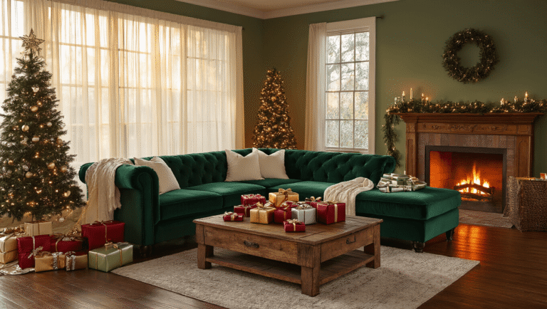 The Ultimate Guide to Christmas Party Games for Adults That Actually Work Cinematic wide shot of a cozy living room decorated for a Christmas party, featuring an emerald green sectional sofa, a rustic coffee table with colorful gifts, warm amber lighting, a crackling fireplace, holiday cookie decorating stations, and elegant cocktail glasses, all creating a festive and inviting atmosphere.