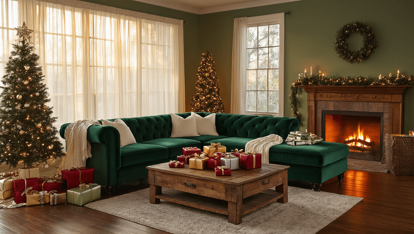 Cinematic wide shot of a cozy living room decorated for a Christmas party, featuring an emerald green sectional sofa, a rustic coffee table with colorful gifts, warm amber lighting, a crackling fireplace, holiday cookie decorating stations, and elegant cocktail glasses, all creating a festive and inviting atmosphere.