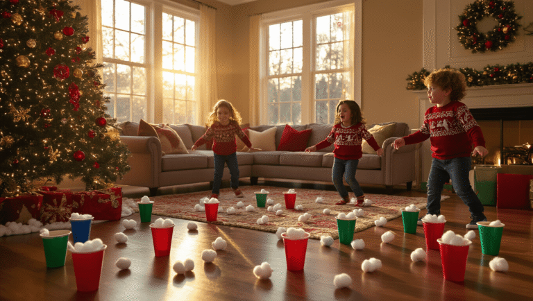 The Ultimate Christmas Party Games That'll Have Your Kids Laughing Until Their Bellies Shake A warmly lit living room decorated for a Christmas party, featuring a twinkling tree, colorful game supplies on the floor, children in festive sweaters dancing, and holiday decorations including garlands and paper snowflakes.