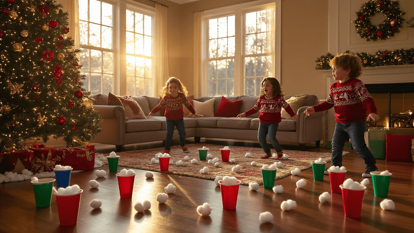 A warmly lit living room decorated for a Christmas party, featuring a twinkling tree, colorful game supplies on the floor, children in festive sweaters dancing, and holiday decorations including garlands and paper snowflakes.