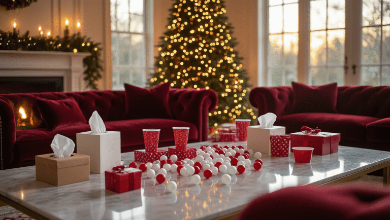 The Ultimate Guide to Hilarious Christmas Games That'll Have Your Guests Crying with Laughter Cinematic wide shot of an elegant Christmas living room adorned with burgundy sofas, a marble coffee table arranged with game supplies, and a beautifully decorated Fraser fir tree, all illuminated by warm golden hour light.