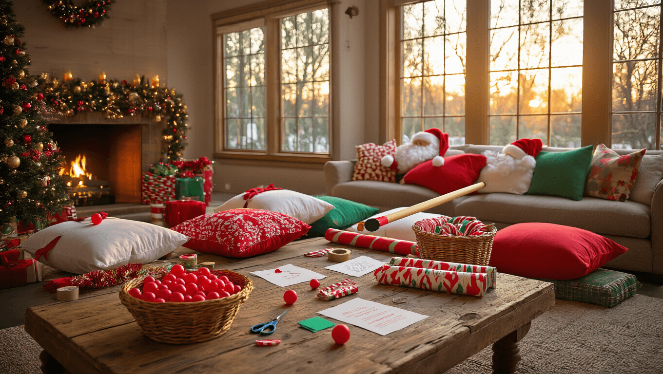 A festive Christmas party scene with game supplies on a rustic wooden table, including red ping pong balls, Santa pillows, wrapping paper, and candy canes. A limbo stick adorned with tinsel is in the foreground, while a cozy sectional sofa and a stone fireplace with flickering flames provide a warm backdrop, all illuminated by soft golden lighting.