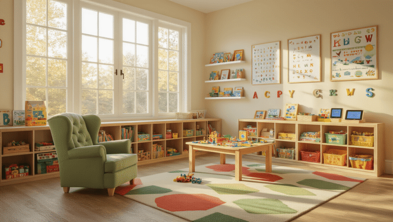 Games for Kids: The Complete Guide to Fun, Learning, and Endless Entertainment A cozy children's playroom filled with educational games, featuring warm golden hour sunlight, cream walls with colorful decals, a sage green reading chair, wooden toy storage, a child-sized table with learning materials, a textured coral rug, and vibrant bean bag chairs, all designed to create an inviting learning environment.