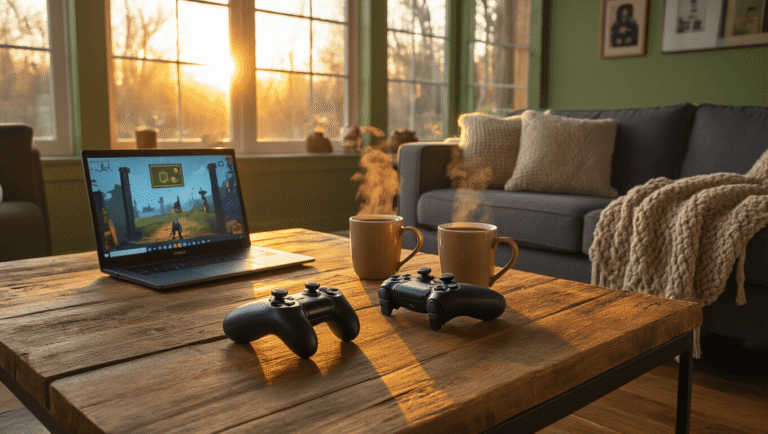 The Complete Guide to Games for Couples: From Video Games to Board Games That Actually Bring You Closer A cozy modern living room during golden hour, featuring a reclaimed wood coffee table with gaming controllers and an open laptop, two steaming mugs of coffee, a knitted throw on a gray sofa, warm hardwood floors, sage green walls, brass lamps’ soft light, and decorative shelves with books and succulents, creating an inviting atmosphere.
