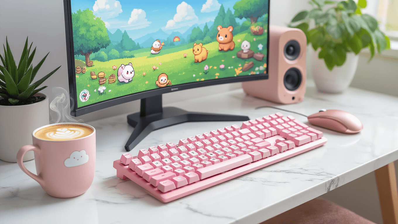 Cinematic close-up of a cozy gaming setup featuring a pastel pink mechanical keyboard, rose gold wireless mouse, and a large curved monitor displaying pixel art, all on a pristine white marble desk with warm sunlight and glowing fairy lights.