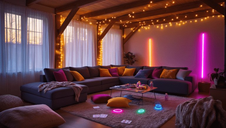 The Ultimate Guide to Fun Sleepover Games That'll Keep Everyone Awake (In the Best Way!) A cozy living room set up for a sleepover gaming night, featuring a charcoal gray sectional sofa adorned with vibrant pillows, warm glow from string lights, charades cards, glow sticks, and friendship bracelet supplies, all bathed in golden hour sunlight.