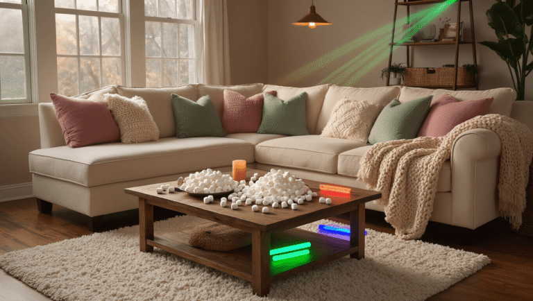 The Ultimate Guide to Sleepover Games That'll Make Your Night Unforgettable A cozy living room set for a sleepover, featuring a cream sectional sofa with colorful throw pillows, marshmallows, glow sticks, and flashlights, all illuminated by warm Edison lighting and soft shadows, creating an inviting atmosphere for games and laughter.