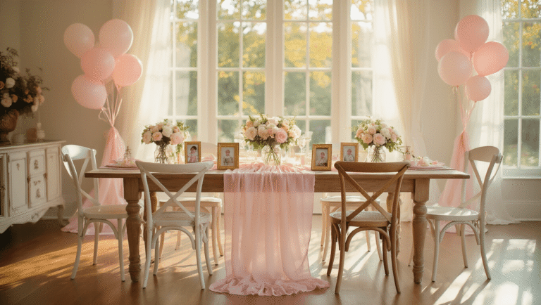 15 Baby Shower Games That Actually Make Everyone Laugh (Not Cringe) Elegant baby shower living room setup with blush pink decorations, vintage mismatched chairs, floral centerpieces, and warm afternoon sunlight filtering through gauze curtains, creating a celebratory atmosphere.