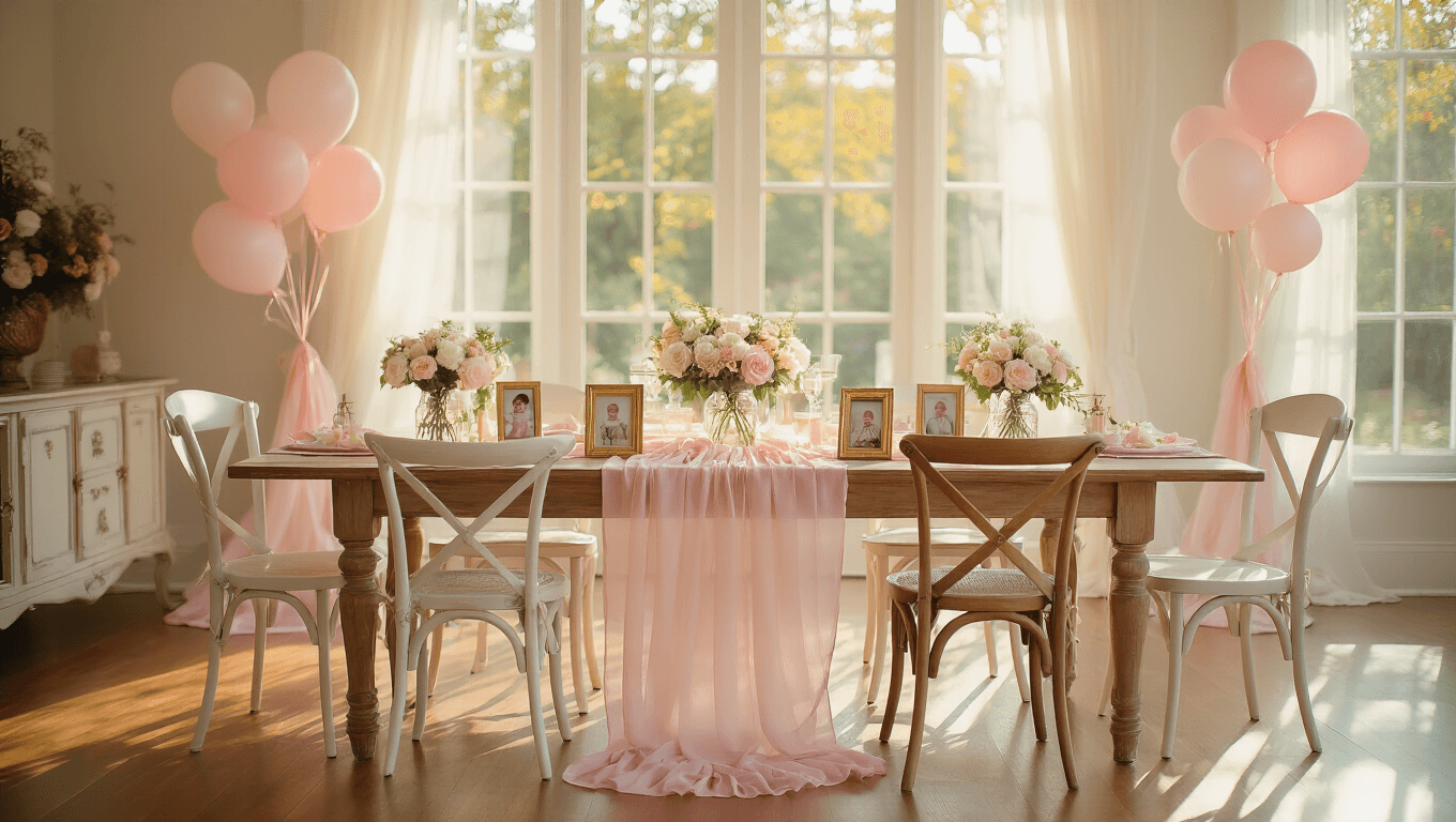 Elegant baby shower living room setup with blush pink decorations, vintage mismatched chairs, floral centerpieces, and warm afternoon sunlight filtering through gauze curtains, creating a celebratory atmosphere.