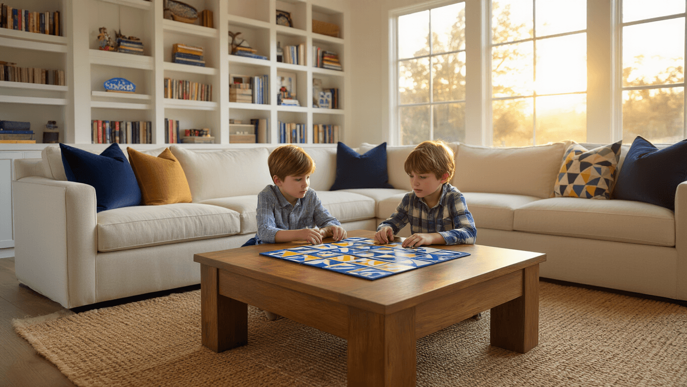 Cinematic wide-angle shot of a cozy family playroom bathed in golden hour light, featuring children studying the colorful Azul board game on a rich oak coffee table, surrounded by a plush sectional sofa, built-in bookshelves, and warm hardwood floors.