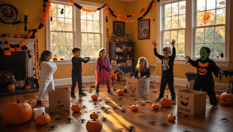 Spooky Fun Awaits: My Ultimate Guide to Halloween Games for Kids That Actually Work A vibrant Halloween-themed playroom filled with children in costumes playing games like mummy wrapping and musical chairs, with decorations such as streamers, mini pumpkins, and cobwebs, illuminated by warm afternoon light.