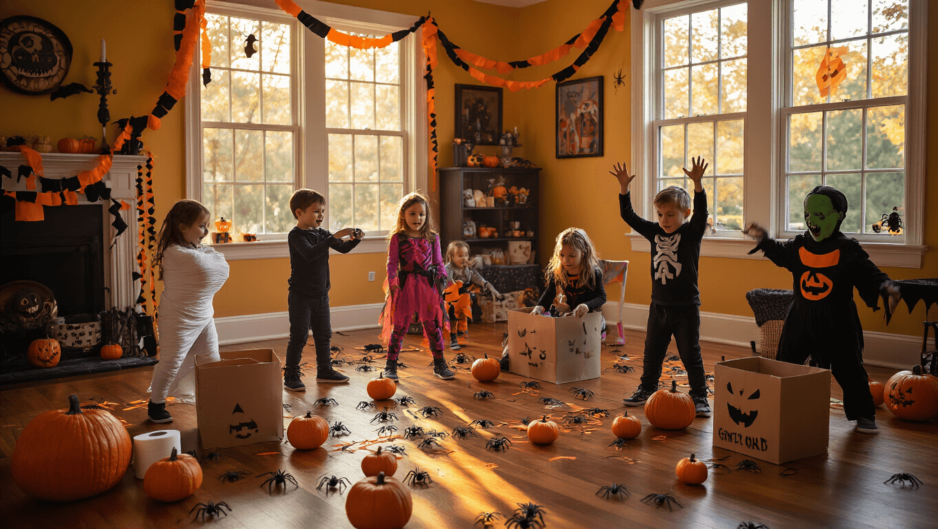 A vibrant Halloween-themed playroom filled with children in costumes playing games like mummy wrapping and musical chairs, with decorations such as streamers, mini pumpkins, and cobwebs, illuminated by warm afternoon light.