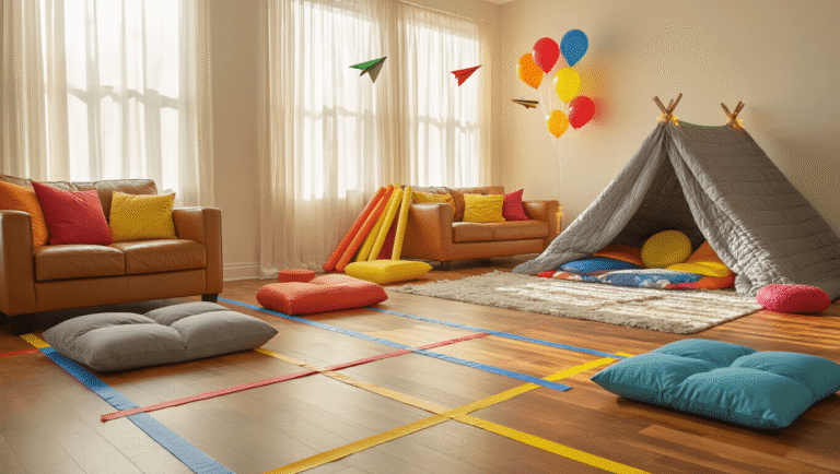 The Ultimate Guide to Indoor Games for Kids: 35+ Boredom-Busting Activities That Actually Work A vibrant children's play zone in a sunlit living room, featuring colorful masking tape patterns, soft leather furniture, plush cushions, foam noodles, a cozy blanket fort with LED lights, and scattered paper airplanes, all creating a magical and inviting atmosphere for creativity and joyful family moments.