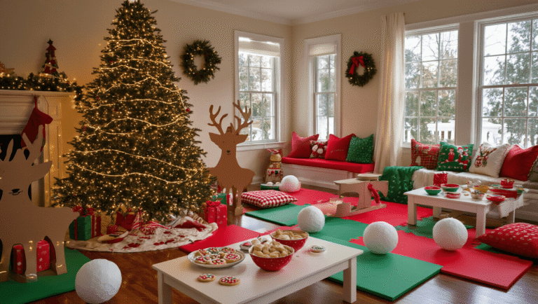 Creating the Ultimate Kids Christmas Games Paradise: My Journey to Holiday Magic A child’s eye view of a festive Christmas games paradise in a living room, featuring a beautifully decorated artificial Christmas tree, colorful play mats, cozy cushions, low tables with decorated cookies, playful cardboard cutouts, and warm golden lighting creating a magical atmosphere.
