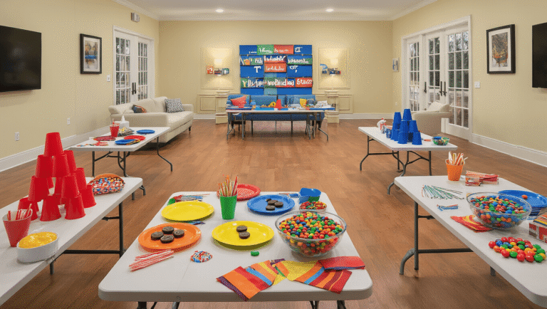 Transform Your Space Into the Ultimate Minute to Win It Game Arena Cinematic shot of a modern living room transformed into a vibrant Minute to Win It game arena, featuring colorful game stations, polished hardwood floors, a digital timer, warm string lights, and a prize basket, all in an organized setup with bright props.