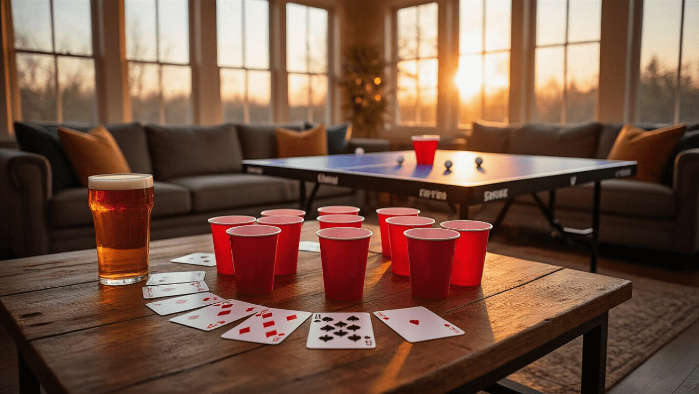 Cinematic shot of a modern living room set up for drinking games, featuring a Kings card game on a rustic wooden coffee table, a beer pong table with red solo cups and ping pong balls, and warm golden hour lighting.