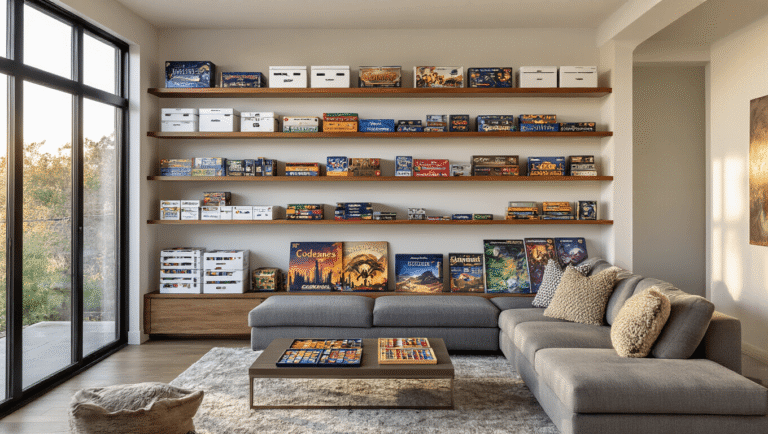 Transform Your Living Space into the Ultimate Board Game Haven: A Design Guide That Actually Works Cinematic wide-angle shot of a modern living room with floating shelves displaying an organized board game collection, featuring warm golden hour lighting, a plush gray sectional sofa, curated games on a polished coffee table, and soft ambient lighting creating an inviting atmosphere.