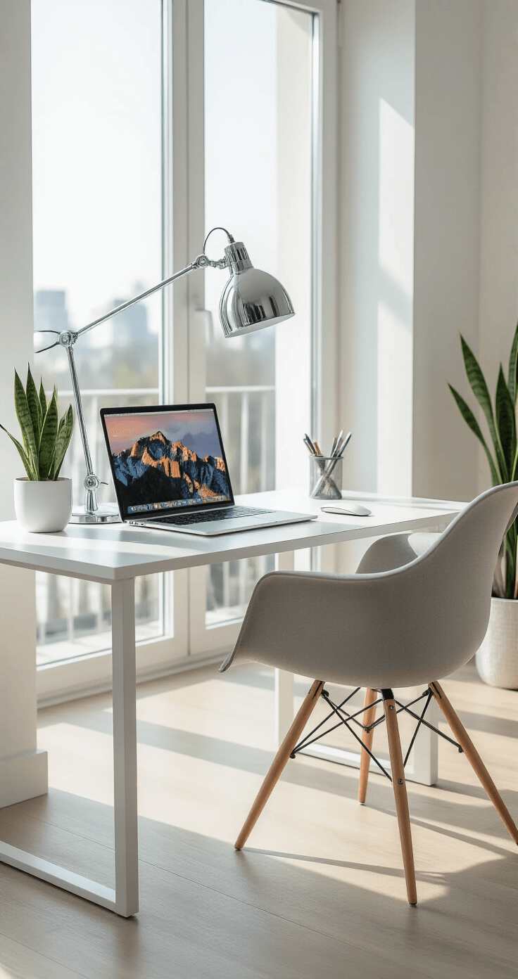 Wide-angle shot of a minimalist desk setup featuring a white lacquered desk, a chrome task lamp, a MacBook Pro, and a small potted snake plant, all bathed in bright morning light. Soft grey ergonomic chair and pale wood floors enhance the serene, organized atmosphere.